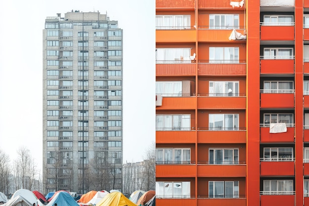 Photo high rise apartment and tent city contrast in urban landscape