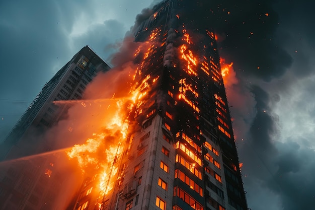 High Rise Building Engulfed in Flames During a City Fire