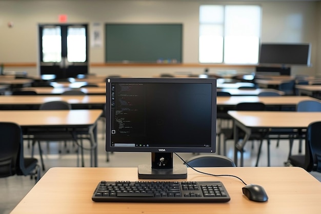 Photo high school computer classroom setup with monitors and desks