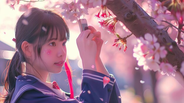 High School Girl Enjoying Cherry Blossoms