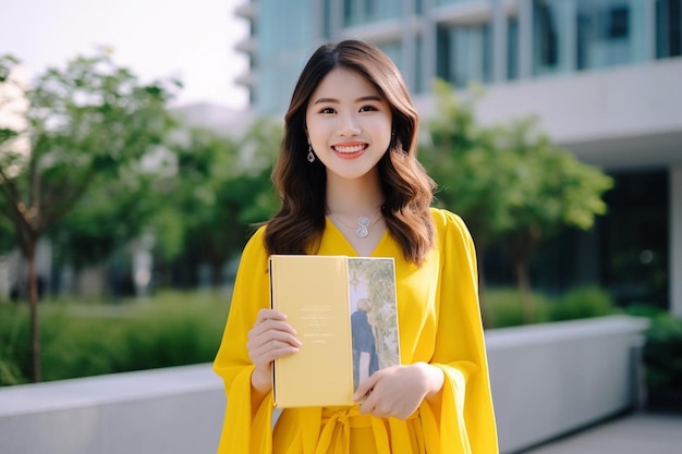 High school girl holding with yellow backpack holding folder