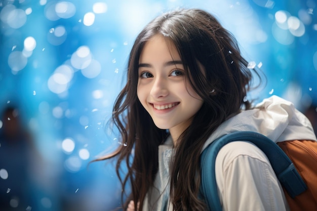 a high school girl with white backpack smiling