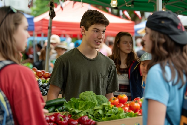 High School Graduates at Farmers Market Discussing College Plans and Buying Fresh Produce