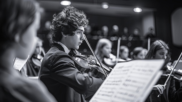 Photo high school student concentrates during orchestra class back to school music program black and white