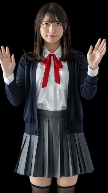 Photo high school student in uniform with hands raised