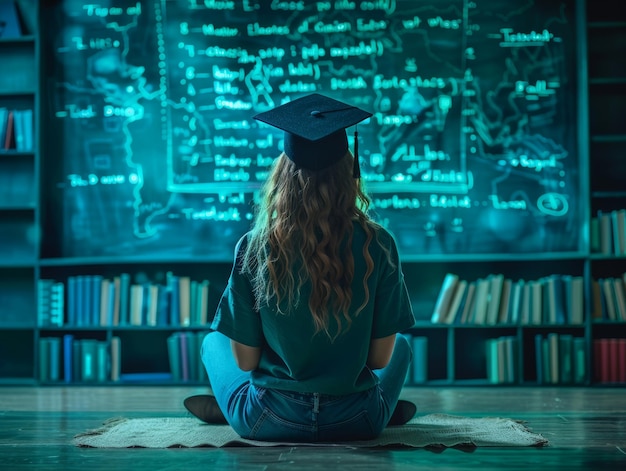 a high school student or university student wearing a toga hat or graduate hat looks at classroom