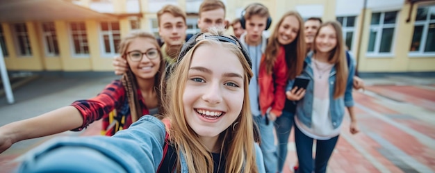 Photo high school students capture a happy moment in a group selfie on school campus