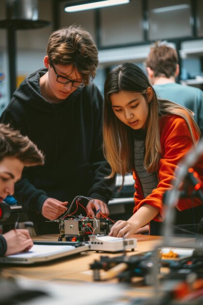 Photo high school students collaborate on robotics project in science lab for stem education