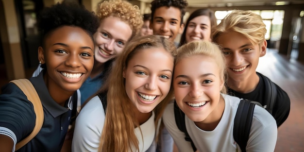 High school students posing for a selfie after classes Concept Teenagers Selfie High School Friendship After School