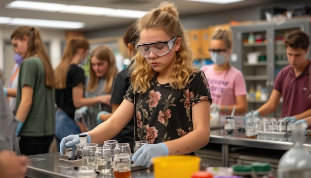 Photo high school students in a science lab conducting experiments and hands on learning inspiring young