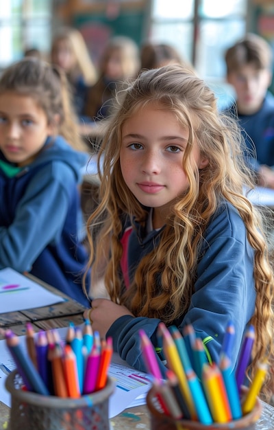 High school students seated at desks in classroom writing with pencils on white paper