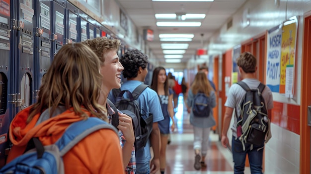 Photo high school students socializing in busy school hallway