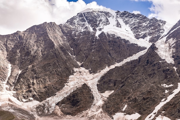 High snow-covered Caucasus mountains with views of the glacier seven on the Donguz Orun mountain and Nakra Tau in the Elbrus region