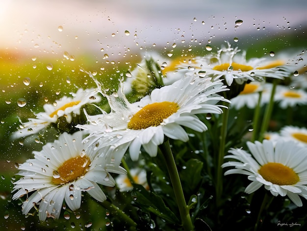 High Speed Capture of Raindrops Dancing Among Daisy Flowers