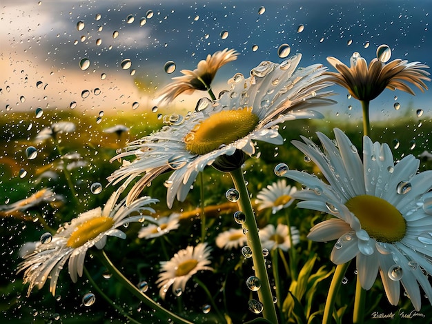 High Speed Capture of Raindrops Dancing Among Daisy Flowers