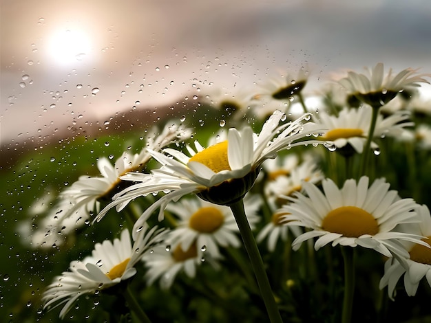 High Speed Capture of Raindrops Dancing Among Daisy Flowers