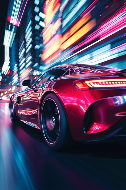 high speed driving sports car in the city blurred rays of city light Generative AI