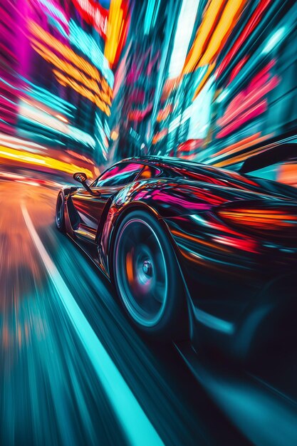 high speed driving sports car in the city blurred rays of city light Generative AI