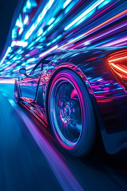 high speed driving sports car in the city blurred rays of city light Generative AI