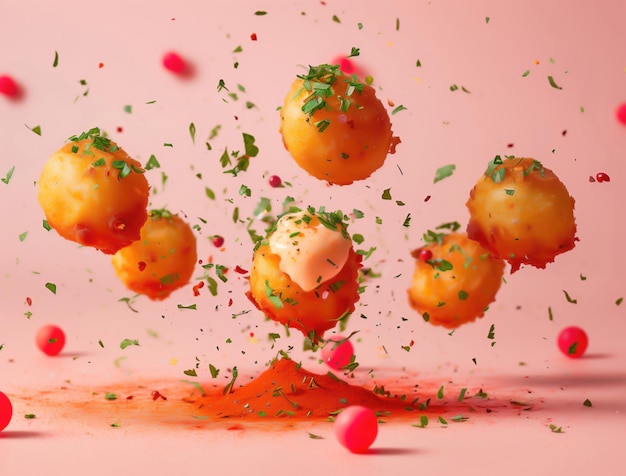 Photo high speed photography of patatas bravas ingredients creative spanish food