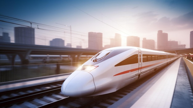 A high speed train is going down the tracks in front of a city skyline.