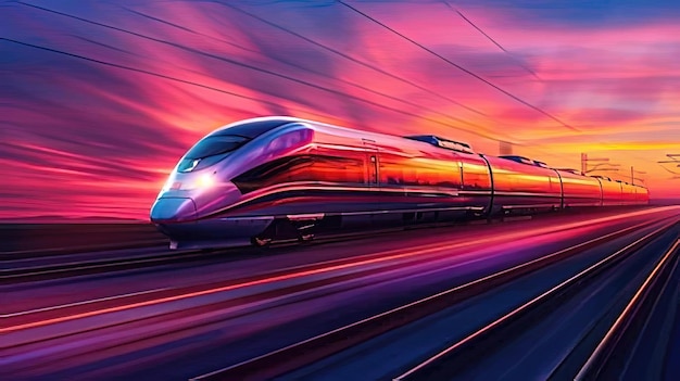 Photo a high speed train is going to the station with the sun setting behind it