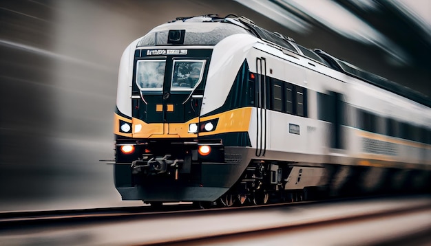 High speed train in motion on the railway station at sunset Fast moving modern passenger train on railway platform