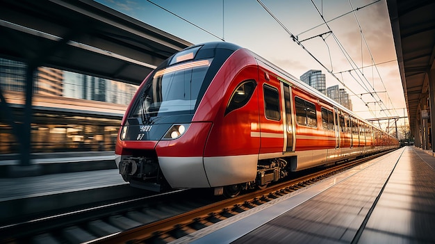 High speed train in motion on the railway station at sunset Modern intercity passenger train with motion blur effect on the railway platform Industrial Railroad in Europe Transportation Industry