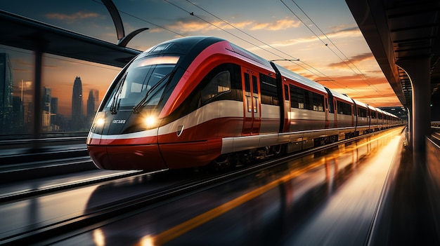 High speed train in motion on the railway station at sunset Modern intercity passenger train with motion blur effect on the railway platform Industrial Railroad in Europe Transportation Industry