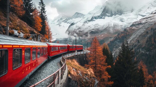 High speed train on the railway station in mountains at sunset in summer Orange modern commuter train on the railway platform Industrial landscape with railroad Passenger transportation Intercity