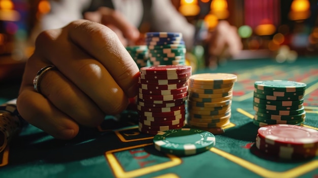 High stakes gambling in casino with playing chips in hand