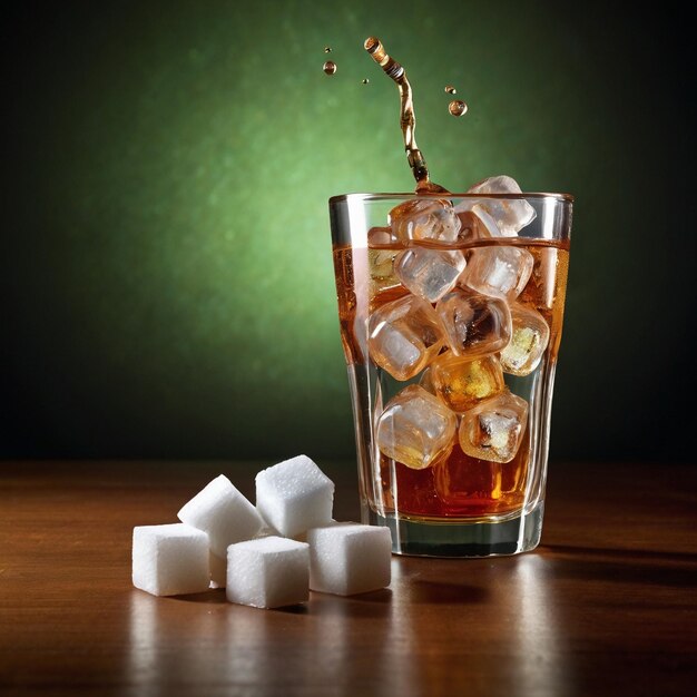 Photo high sugar content a glass of soda accompanied by a pile of sugar cubes