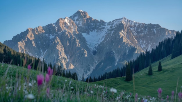 Photo high tatras mountain range towering over a serene green meadow dotted with beautiful wildflowers