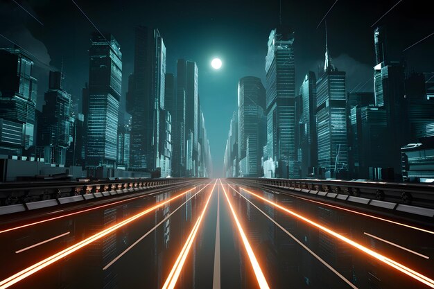 High tech cityscape with glowing roads in midnight sci fi setting