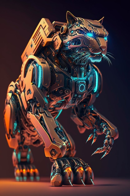 high tech cougar robot glowing neon, on dark background, creative ai