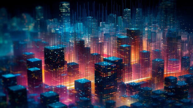 High tech data network color grids over miniature cityscape with cinematic coloring created Generative AI