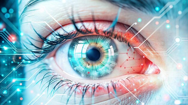 High tech digital eye concept with integrated circuits showcasing fusion biology technology