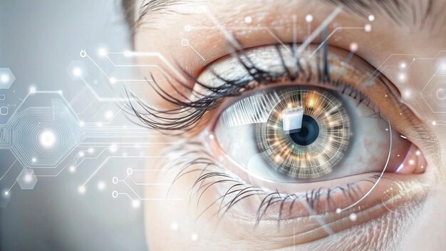 High tech digital eye concept with integrated circuits showcasing fusion biology technology