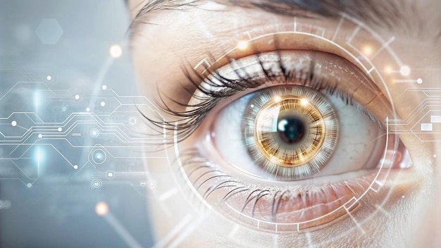 High tech digital eye concept with integrated circuits showcasing fusion biology technology