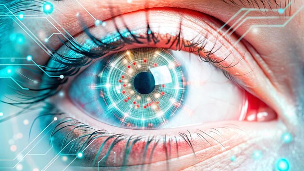 High tech digital eye concept with integrated circuits showcasing fusion biology technology