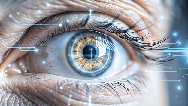 High tech digital eye concept with integrated circuits showcasing fusion biology technology