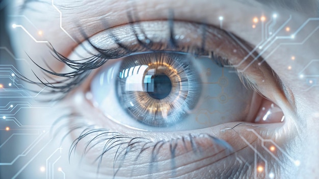 High tech digital eye concept with integrated circuits showcasing fusion biology technology