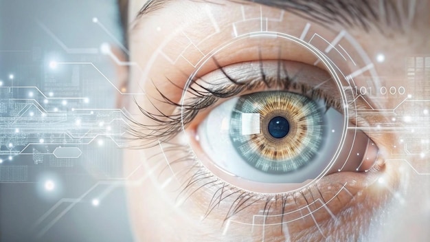 High tech digital eye concept with integrated circuits showcasing fusion biology technology