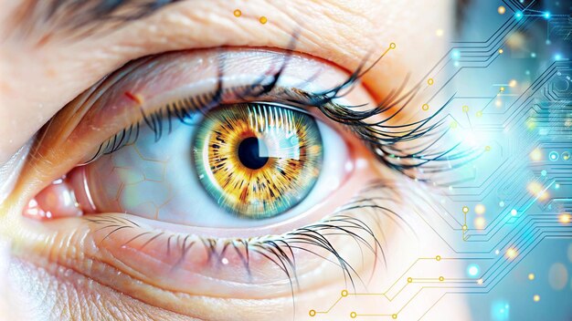 High tech digital eye concept with integrated circuits showcasing fusion biology technology