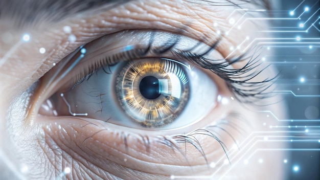 High tech digital eye concept with integrated circuits showcasing fusion biology technology