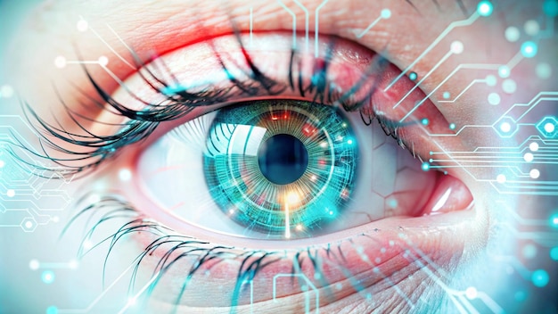 High tech digital eye concept with integrated circuits showcasing fusion biology technology