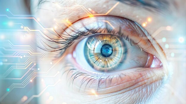 High tech digital eye concept with integrated circuits showcasing fusion biology technology