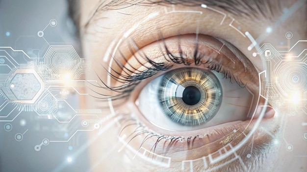 High tech digital eye concept with integrated circuits showcasing fusion biology technology