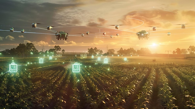 Photo high tech farming at sunrise with precision planting and ai