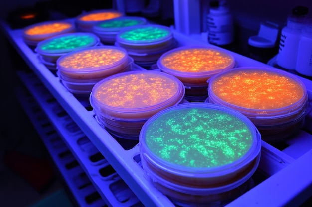 Photo high tech lab with fluorescent cultures in petri dishes under uv light